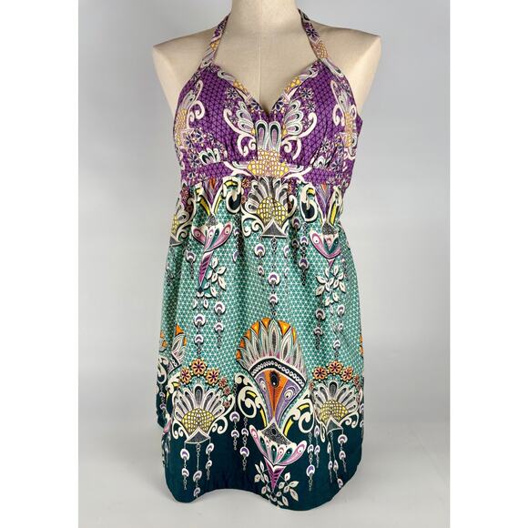 Express Halter Mini Dress Paisley Women’s Size 0 Boho Festival Y2K Bohemian 70s - Picture 1 of 9